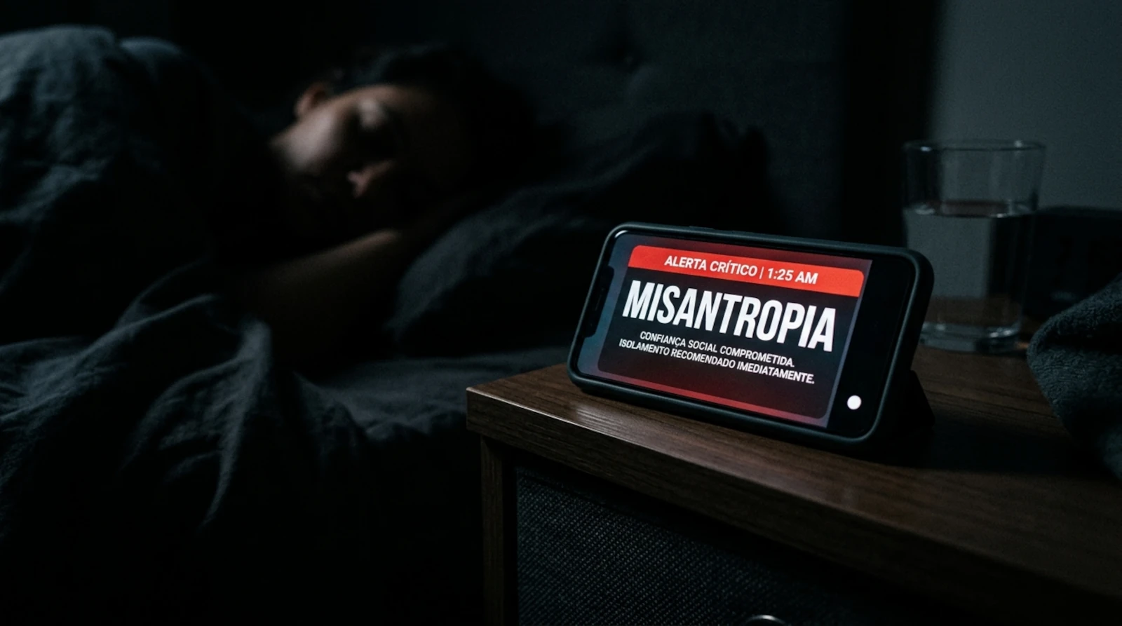 Alerta Misantropia às 1h25: o ataque que corroeu a confiança pública 1 Smartphone mostrando alerta Misantropia em quarto escuro durante a noite.