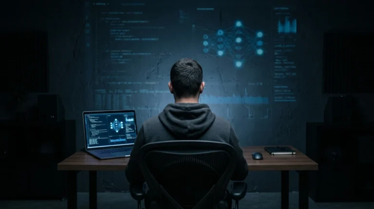 Pessoa diante de um computador usando inteligência artificial em ambiente escuro, simbolizando privacidade, tecnologia e investigação.