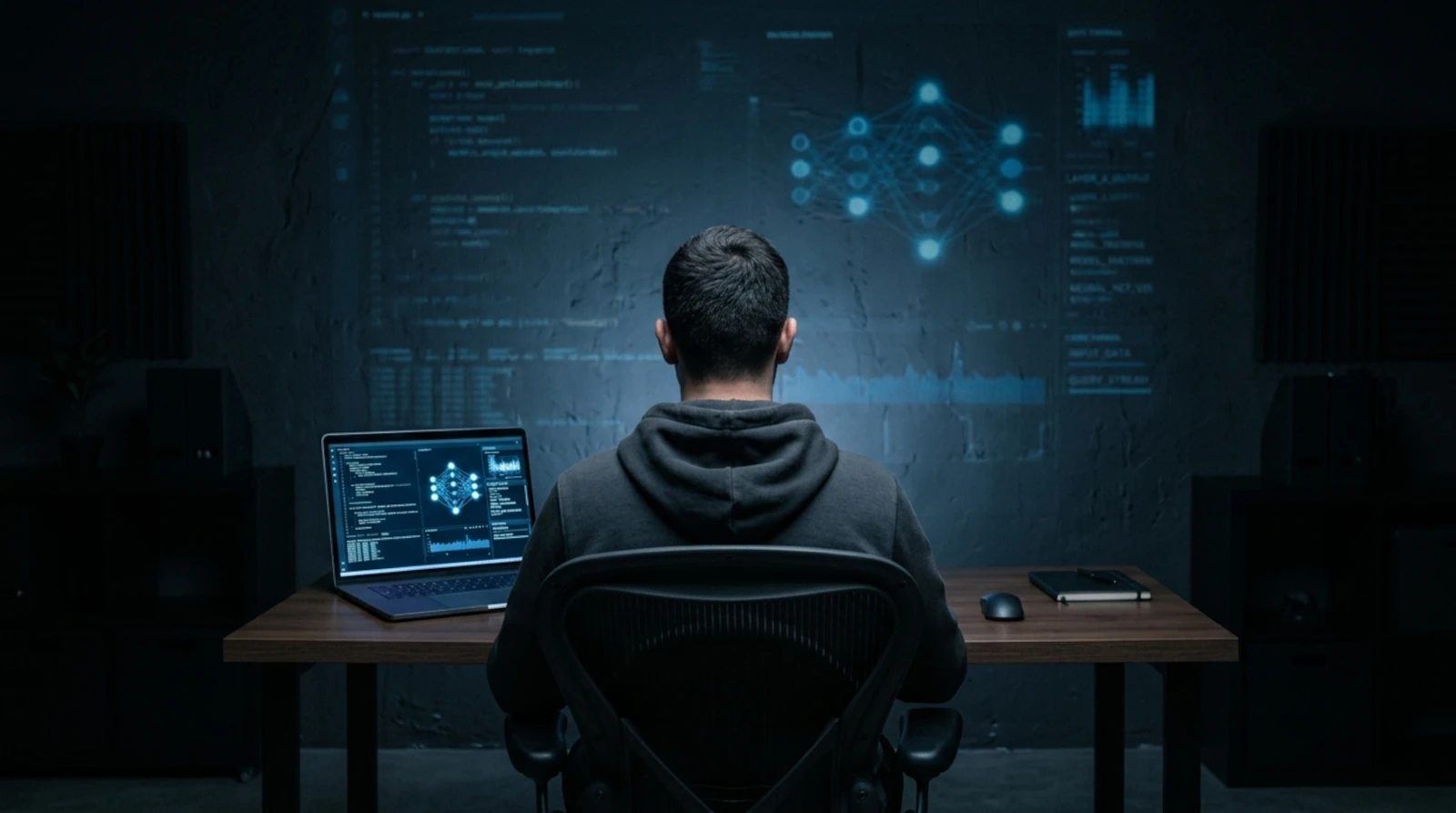 Pessoa diante de um computador usando inteligência artificial em ambiente escuro, simbolizando privacidade, tecnologia e investigação.