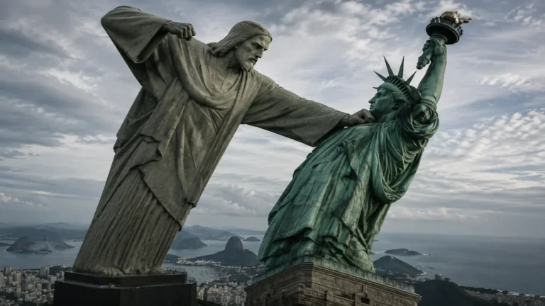 Imagem realista mostrando o Cristo Redentor e a Estátua da Liberdade em um confronto simbólico, representando o uso de inteligência artificial em narrativas geopolíticas.