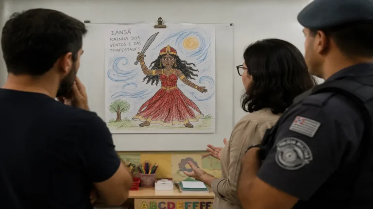 Quando um pai chama a polícia para uma lição de história: educação e polarização no Brasil 1 Pai, diretora e policial observam desenho infantil de Iansã em sala de aula durante debate sobre atividade escolar de cultura afro-brasileira.