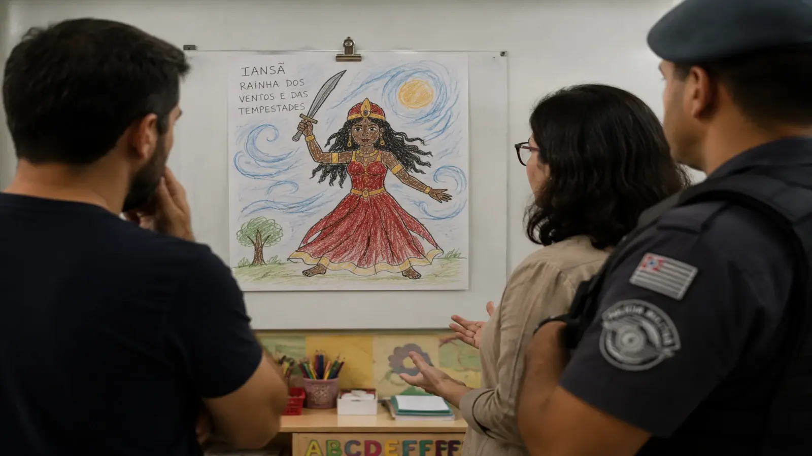 Quando um pai chama a polícia para uma lição de história: educação e polarização no Brasil 1 Pai, diretora e policial observam desenho infantil de Iansã em sala de aula durante debate sobre atividade escolar de cultura afro-brasileira.