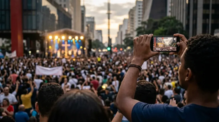 Participante registra com celular uma grande manifestação cristã de rua, simbolizando a relação entre fé, mídia e visibilidade na Marcha para Jesus.