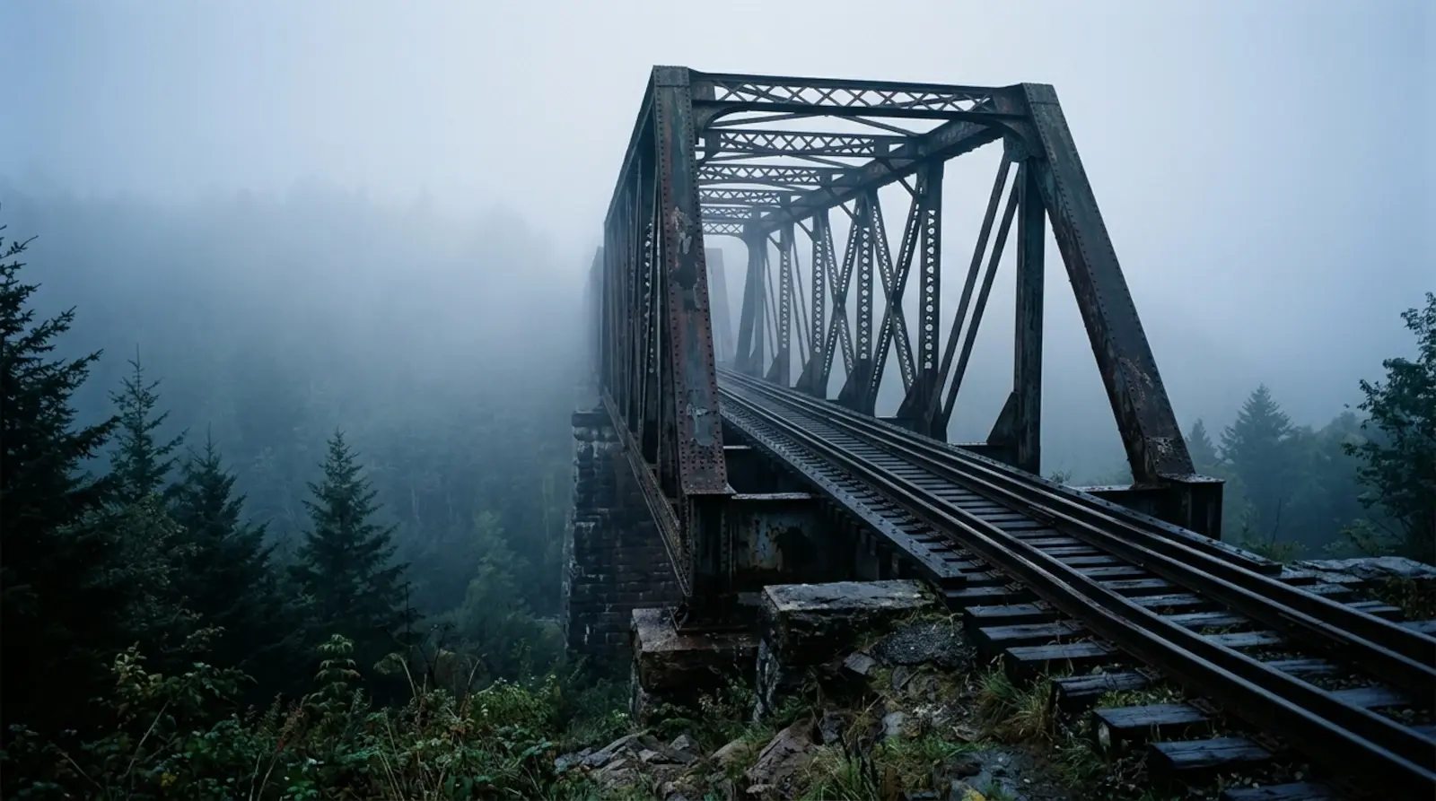 Quem segurou a corda? Responsabilidade, culpa e o abismo que nos separa da tragédia 1 Ponte ferroviária envolta por neblina simbolizando responsabilidade, risco e confiança após tragédia na Ponte do Esqueleto