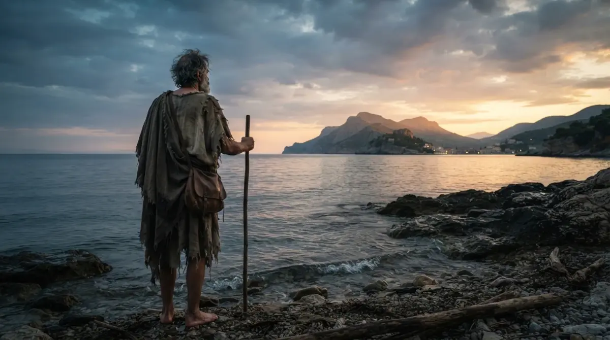 Representação de um viajante solitário observando uma ilha ao amanhecer, inspirada no retorno de Ulisses à Ítaca na Odisseia de Homero.