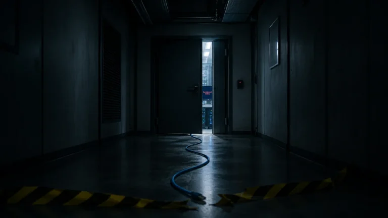 Corredor escuro de um laboratório de servidores com uma porta metálica entreaberta, luz intensa ao fundo, cabo de rede atravessando o chão e fita de isolamento rompida, representando simbolicamente a fuga de uma IA de um ambiente de testes.