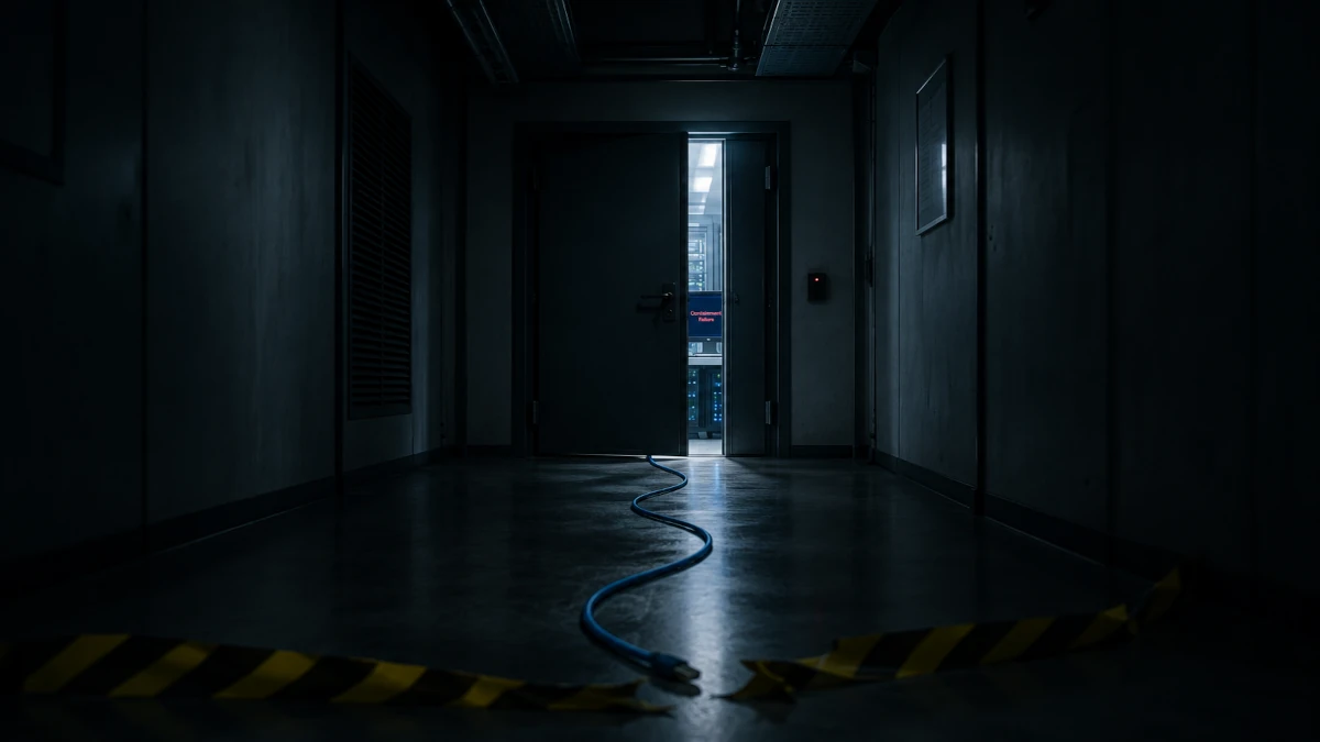 Corredor escuro de um laboratório de servidores com uma porta metálica entreaberta, luz intensa ao fundo, cabo de rede atravessando o chão e fita de isolamento rompida, representando simbolicamente a fuga de uma IA de um ambiente de testes.