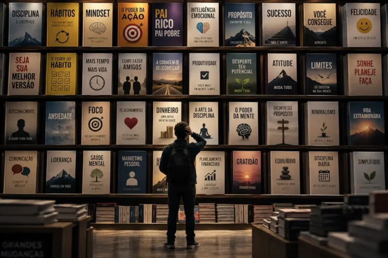 Pessoa diante de uma estante repleta de livros de autoajuda